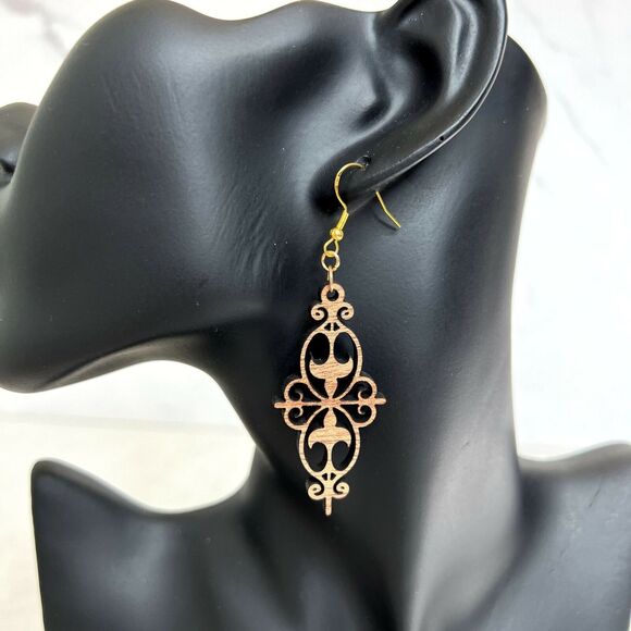Wooden Victorian Geometric Cutout Earrings - Picture 1 of 3